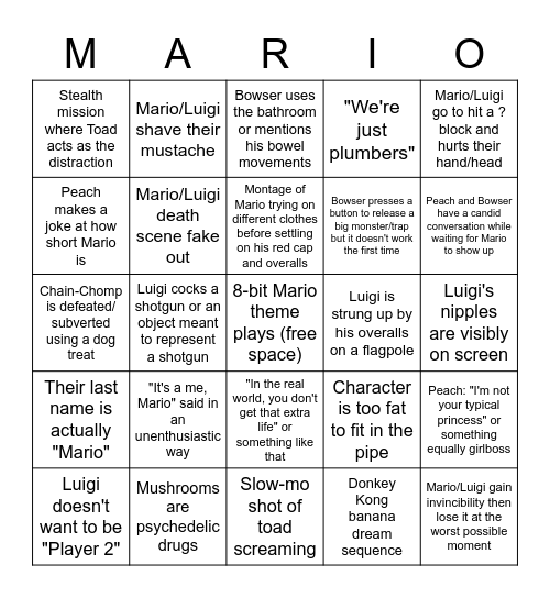 Mario Movie Bingo Card