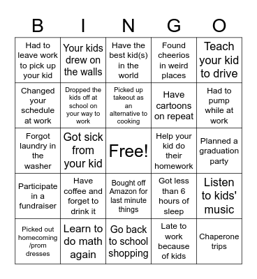 Working Moms Bingo Card