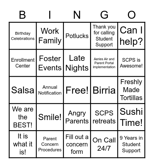 SCPS Bingo Card