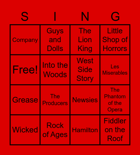 Broadway Musicals Bingo Card