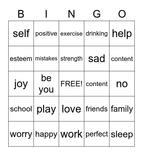self esteem Bingo Card