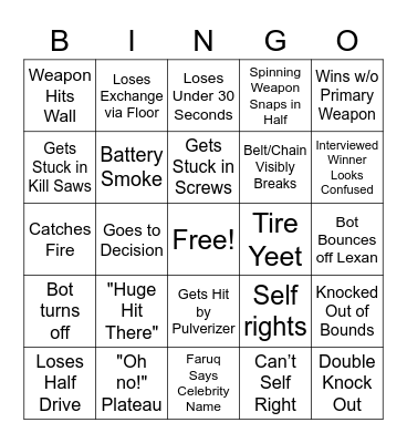 Battlebots Season 6 Tournament Bingo Card