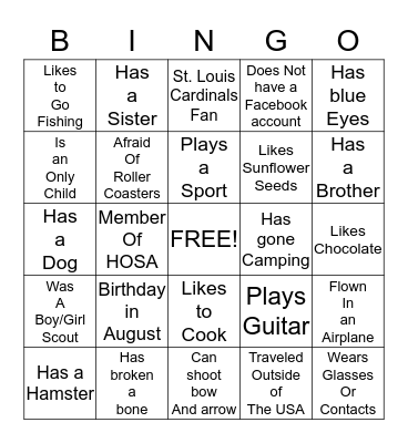 All About Me Bingo Card