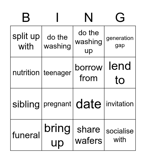 Życie prywatne unit 3 Bingo Card