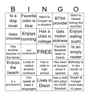 Getting to Know You Bingo Card