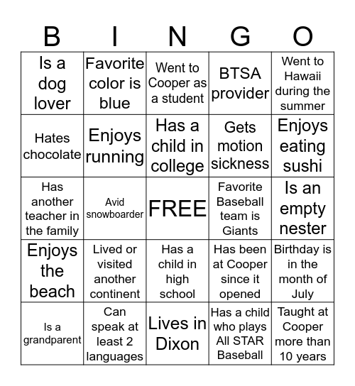 Getting to Know You Bingo Card