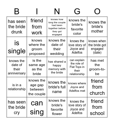 Bridal Bingo Card