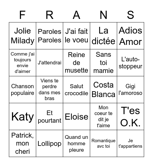Franse singles Bingo Card