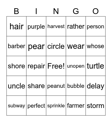 Syllables Bingo Card