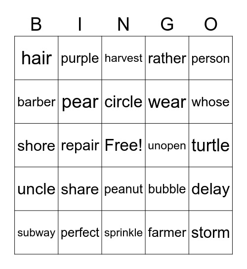 Syllables Bingo Card