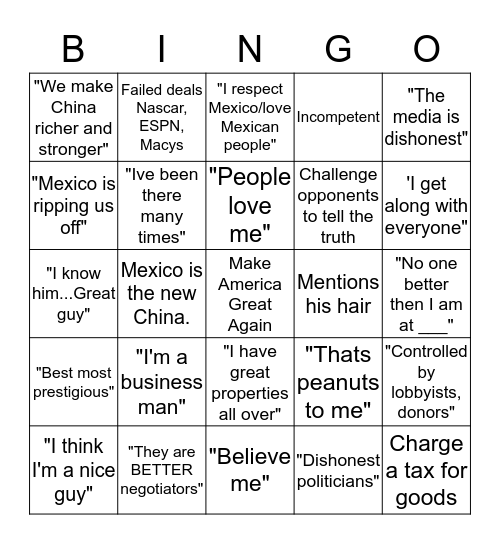 TRUMP DEBATE CARD 2 Bingo Card