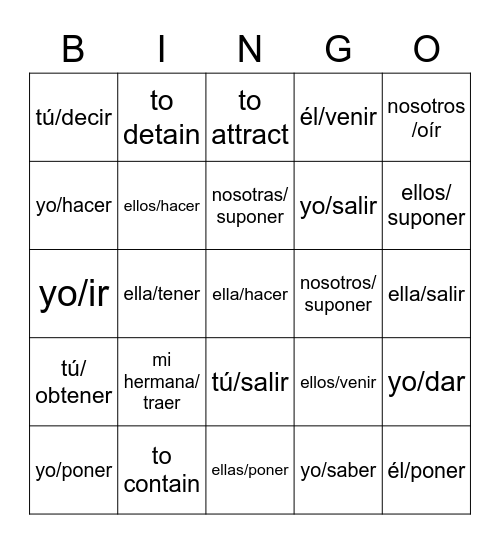 Verbos irregulares en la forma 'YO' -go verbs Bingo Card