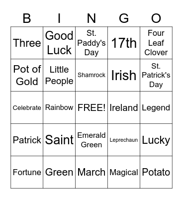 St. Patrick's Day Bingo Card