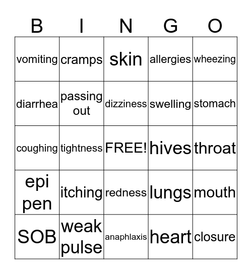 Allergies Bingo Card