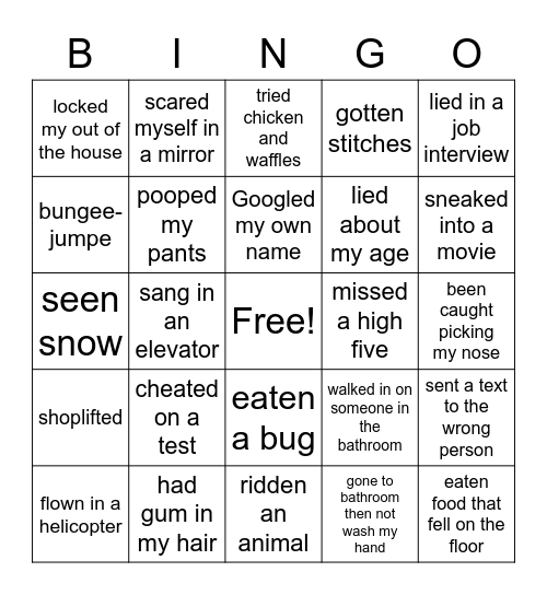 Never Have I Ever Bingo Card