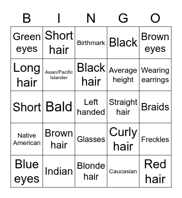 Physical description Bingo Card