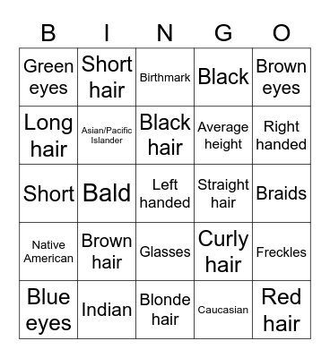 Physical description Bingo Card