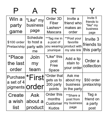 Younique party BINGO Card