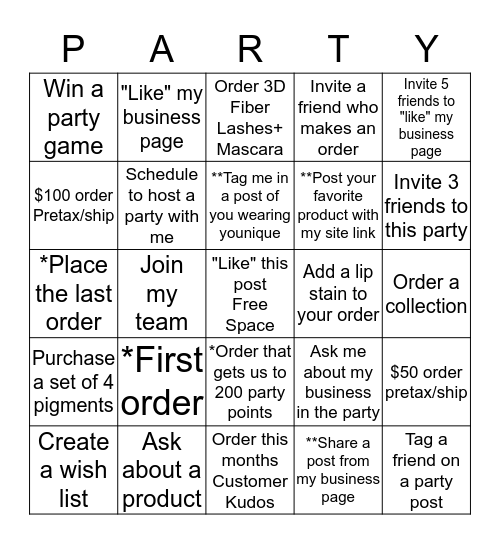 Younique party BINGO Card