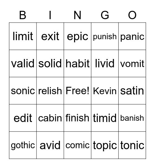 Dividing Consonants Bingo Card