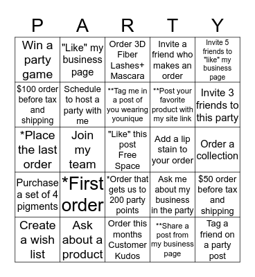 Younique party BINGO Card