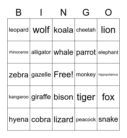 Animals at the Zoo Bingo Card