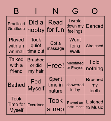 Self Care Bingo Card