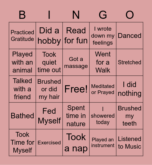 Self Care Bingo Card