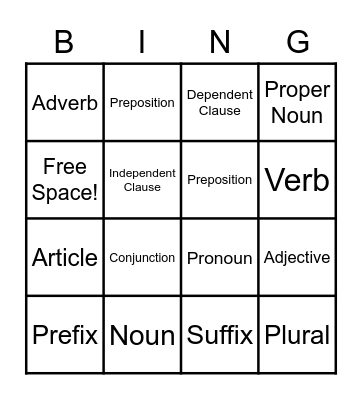 Grammar Bingo Card