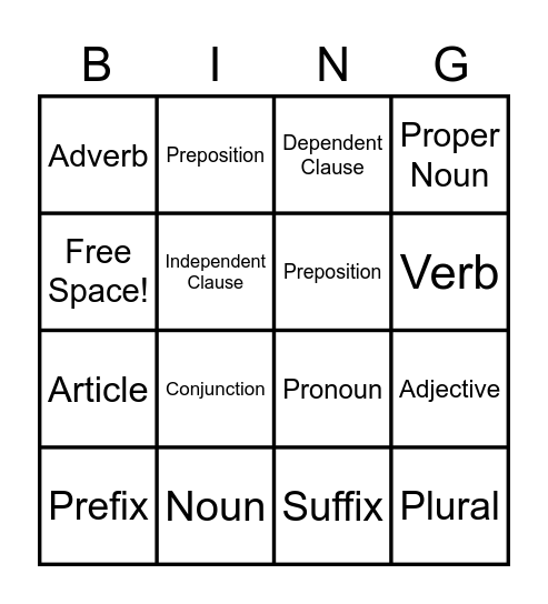 Grammar Bingo Card