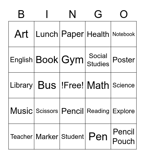 School Bingo Card