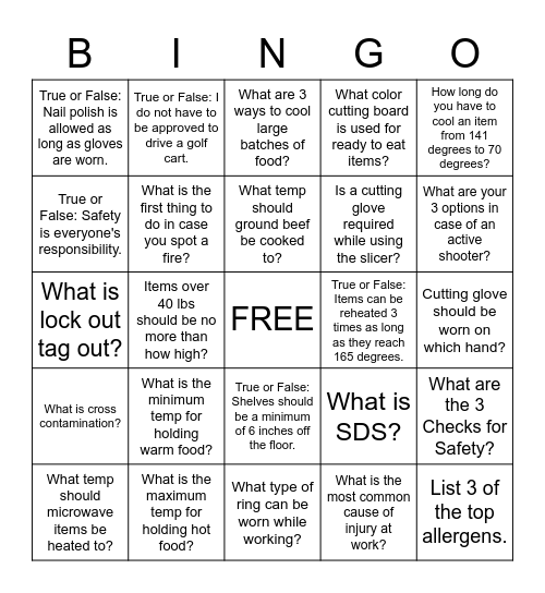 Sodexo USI Safety Bingo Card