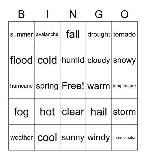 Weather Bingo Card