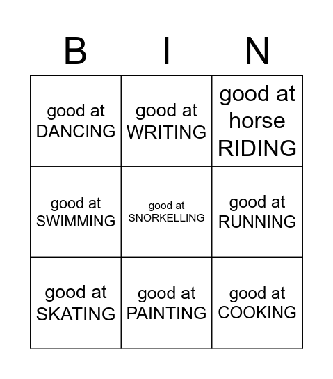 good at + ING Bingo Card