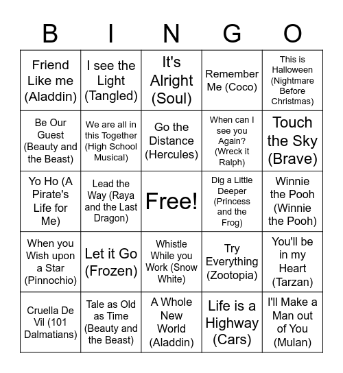 Disney Songs! Bingo Card