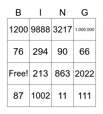 numbers Bingo Card