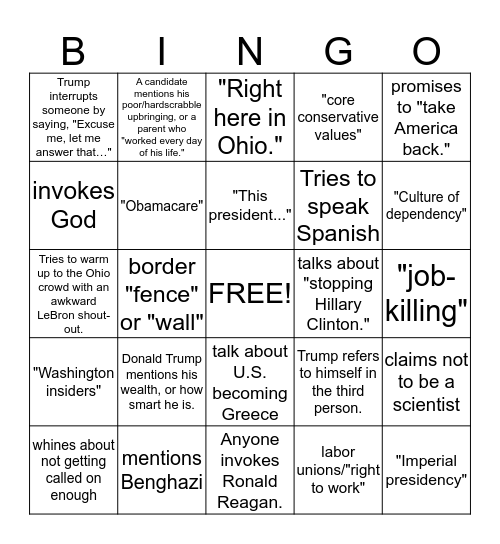 GOP Debate Bingo!! Bingo Card