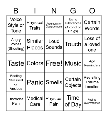 PTSD BINGO (Triggers/Coping Skills) Bingo Card