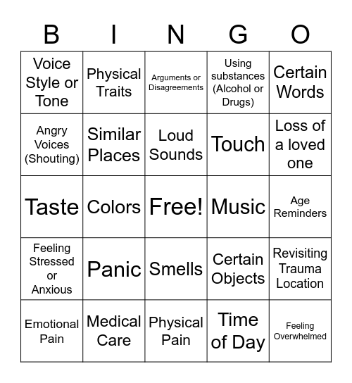 PTSD BINGO (Triggers/Coping Skills) Bingo Card