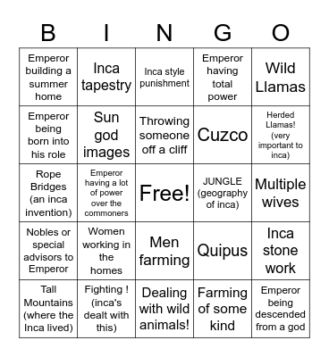 Emperor's new Groove- INCA! Bingo Card