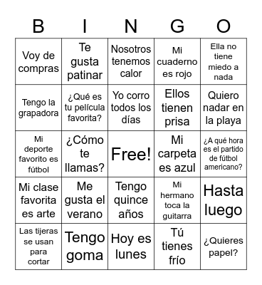 Spanish II Tener, sports and school supplies Bingo Card