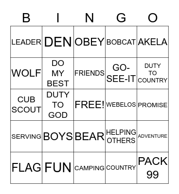CUB SCOUT BINGO Card