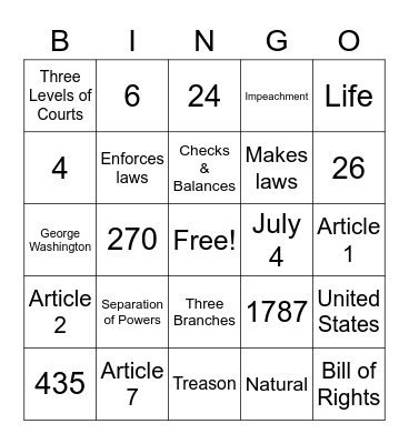 US Constitution Bingo Card