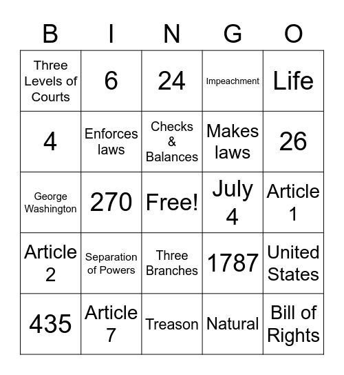 US Constitution Bingo Card