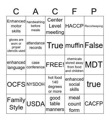 Child and Adult Care Food Program Bingo Card