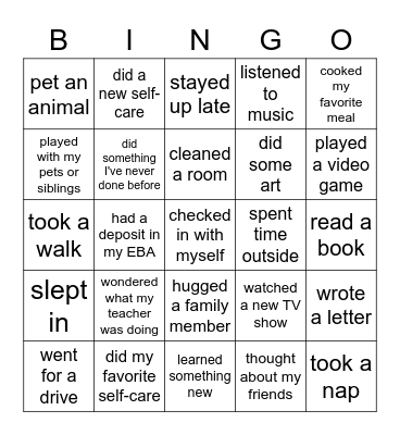 Spring Break Bingo Card