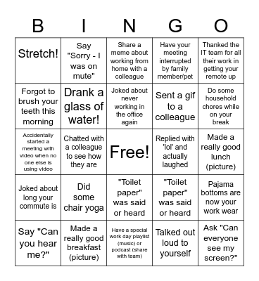 Remote Work Bingo Card