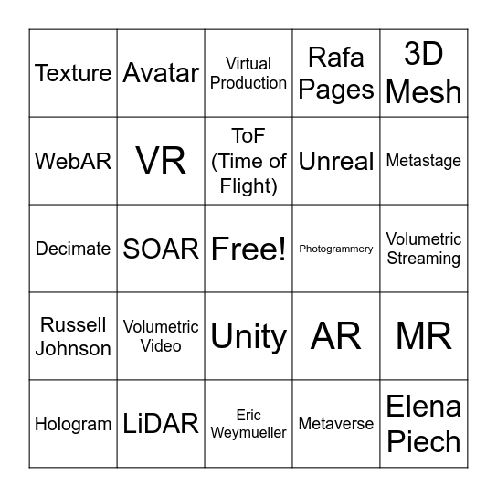 The Holographic Reality of AR & Volumetric Video Bingo Card