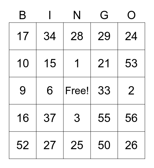 Card 4, Number 1-60 Bingo Card