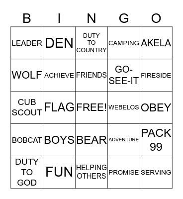 CUB SCOUT BINGO Card